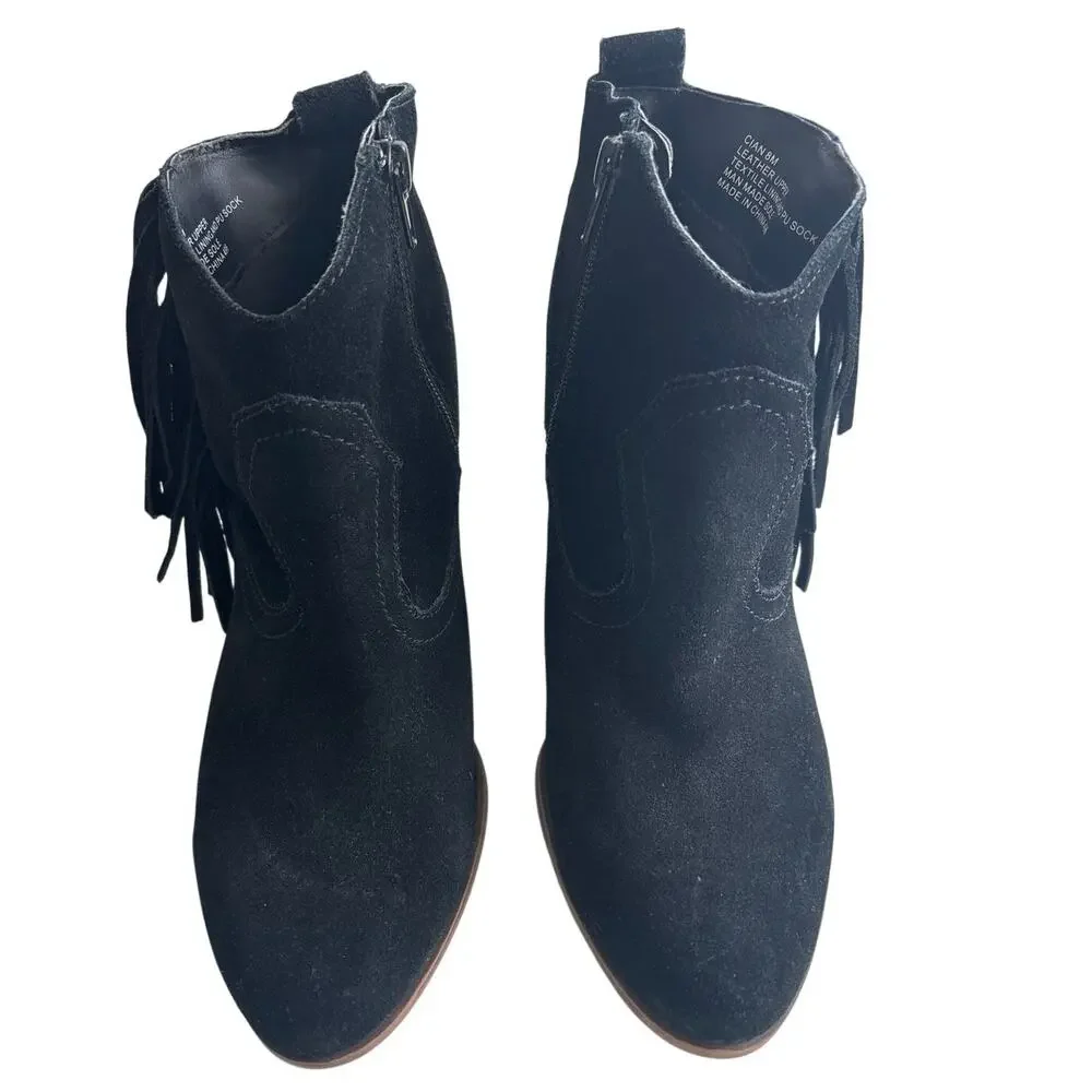 Steve Madden Cian Black Suede Fringe Ankle Boots 8M Western Boho Stacked Heel